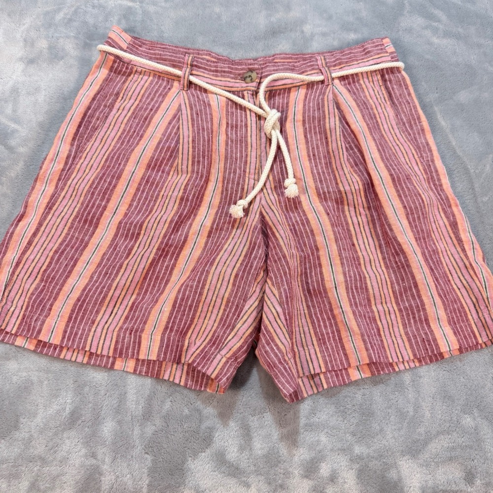 JJill‎ Love Linen Striped Shorts Coral Pink Orange Green Size 8 Drawstring Belt